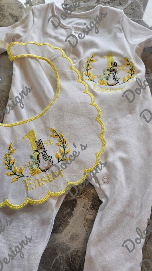 1st Easter Peter Rabbit Babygrow & Bib IN STOCK/ READY TO POST