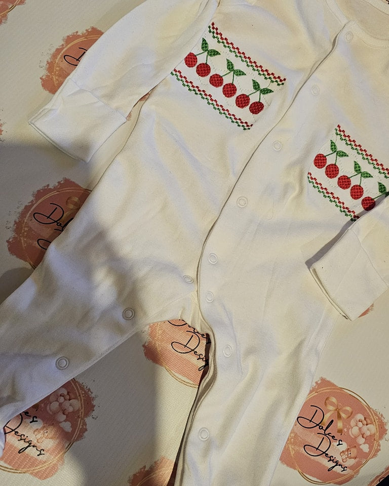 Cherry Smocked Babygrow  IN STOCK/READY TO POST