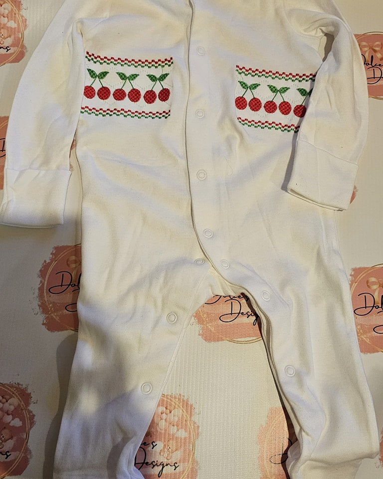 Cherry Smocked Babygrow  IN STOCK/READY TO POST