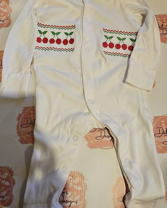 Cherry Smocked Babygrow  IN STOCK/READY TO POST