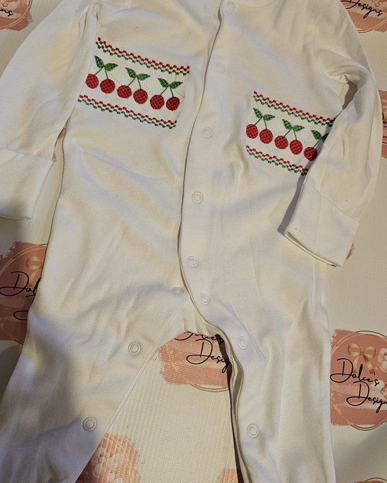 Cherry Smocked Babygrow  IN STOCK/READY TO POST