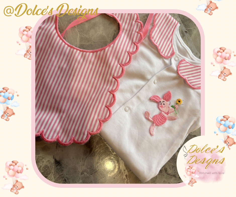 Piglet 2 Piece Baby Set – Scallop Bib & Embroidered Babygrow 🌸