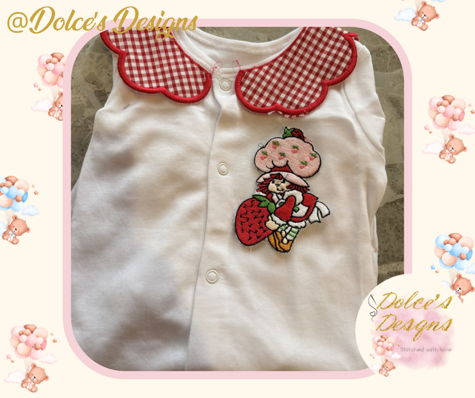 Strawberry Shortcake 2 Piece Baby Set – Gingham Scallop Bib & Embroidered Babygrow