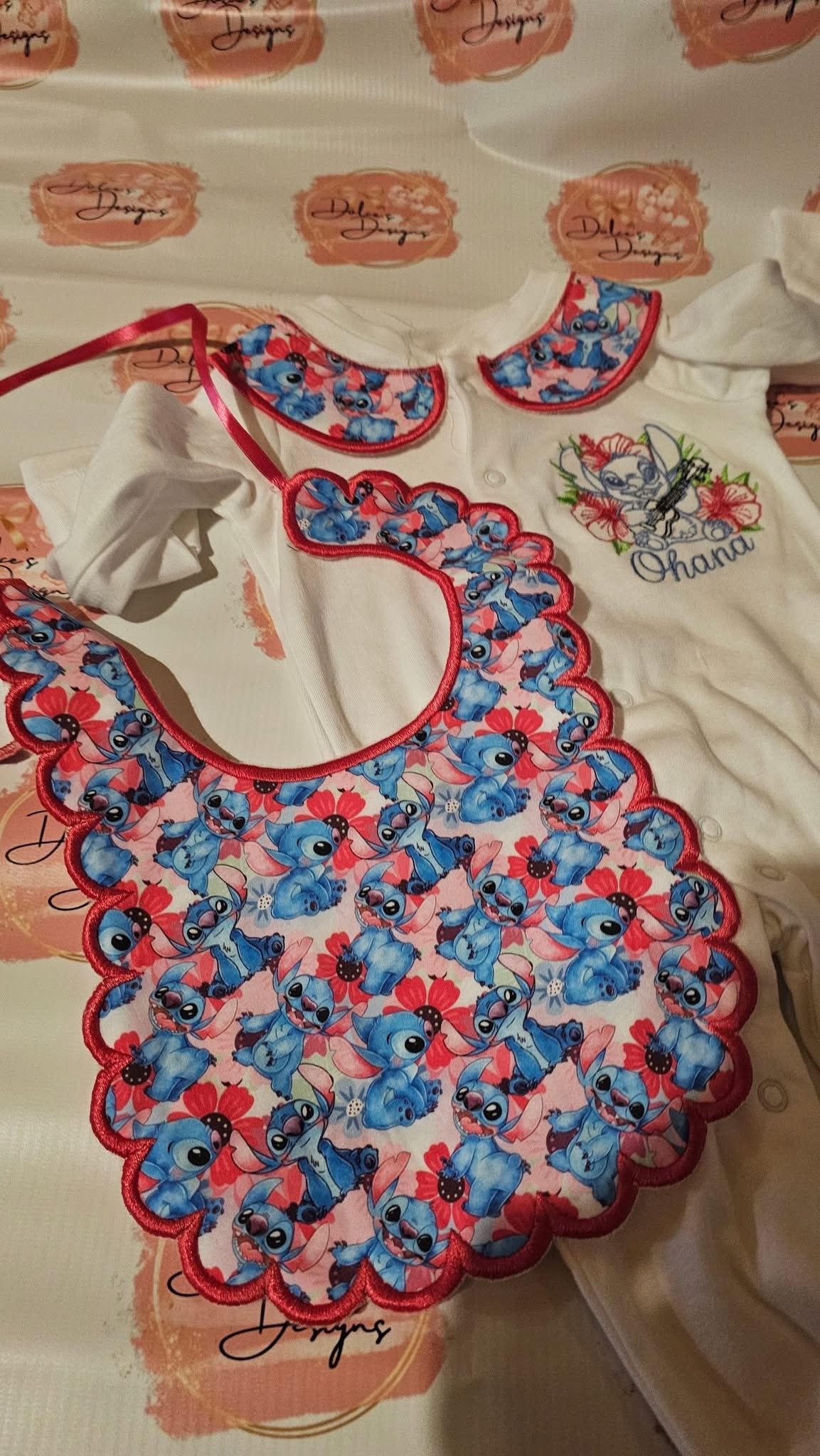 Stitch Babygrow with Collars & Handmade Bib IN STOCK/READY TO POST