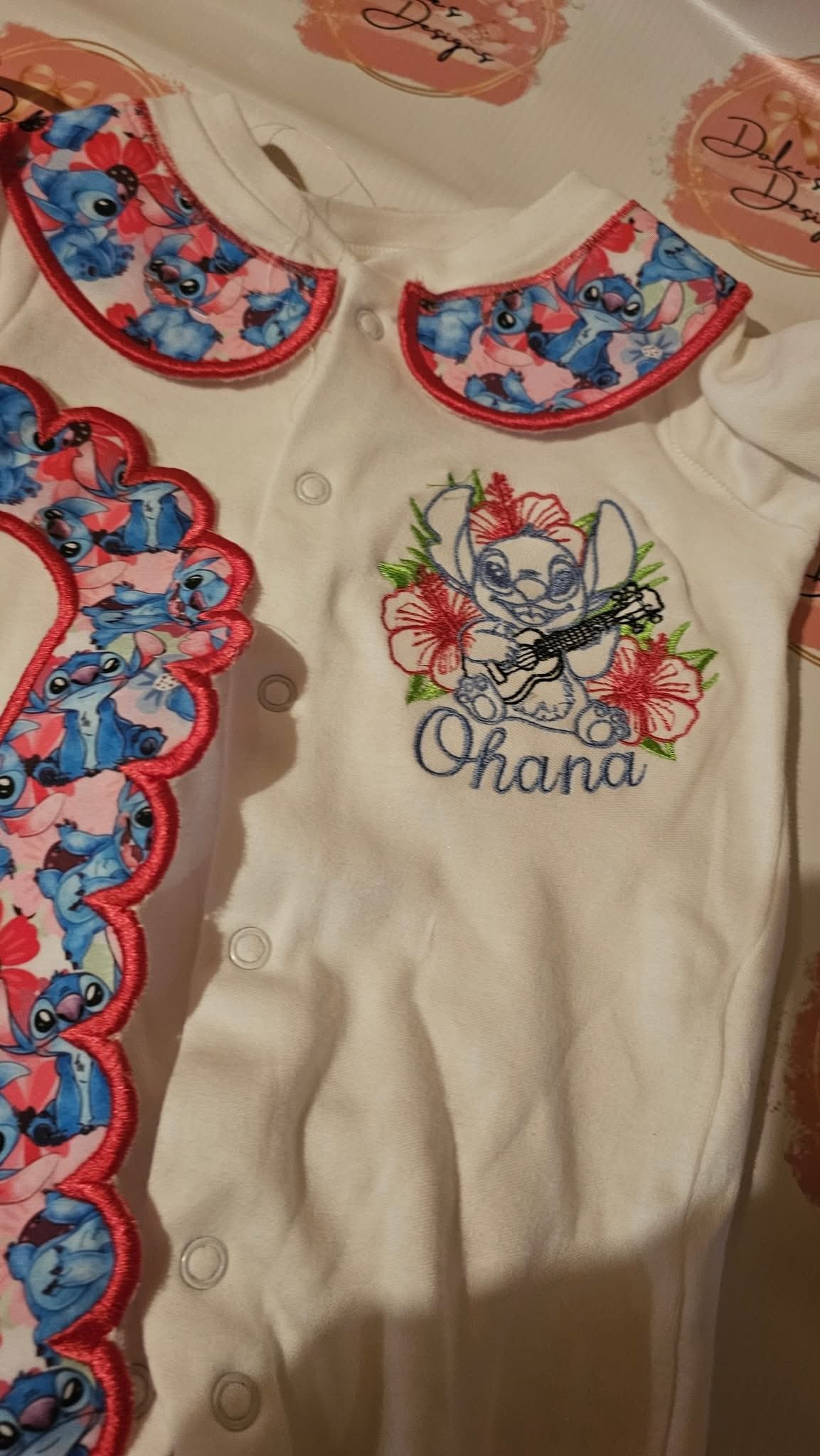 Stitch Babygrow with Collars & Handmade Bib IN STOCK/READY TO POST