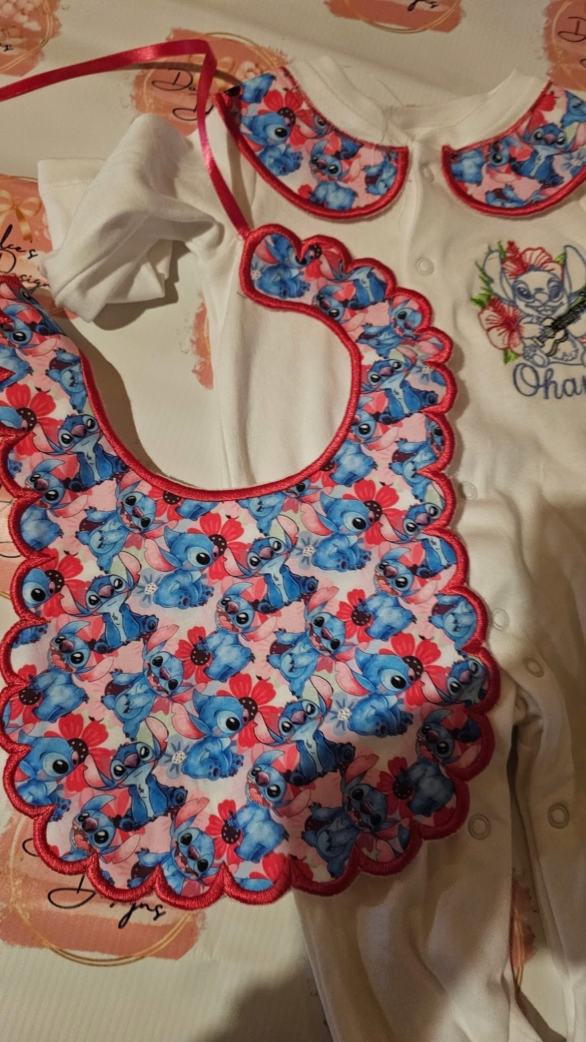 Stitch Babygrow with Collars & Handmade Bib IN STOCK/READY TO POST