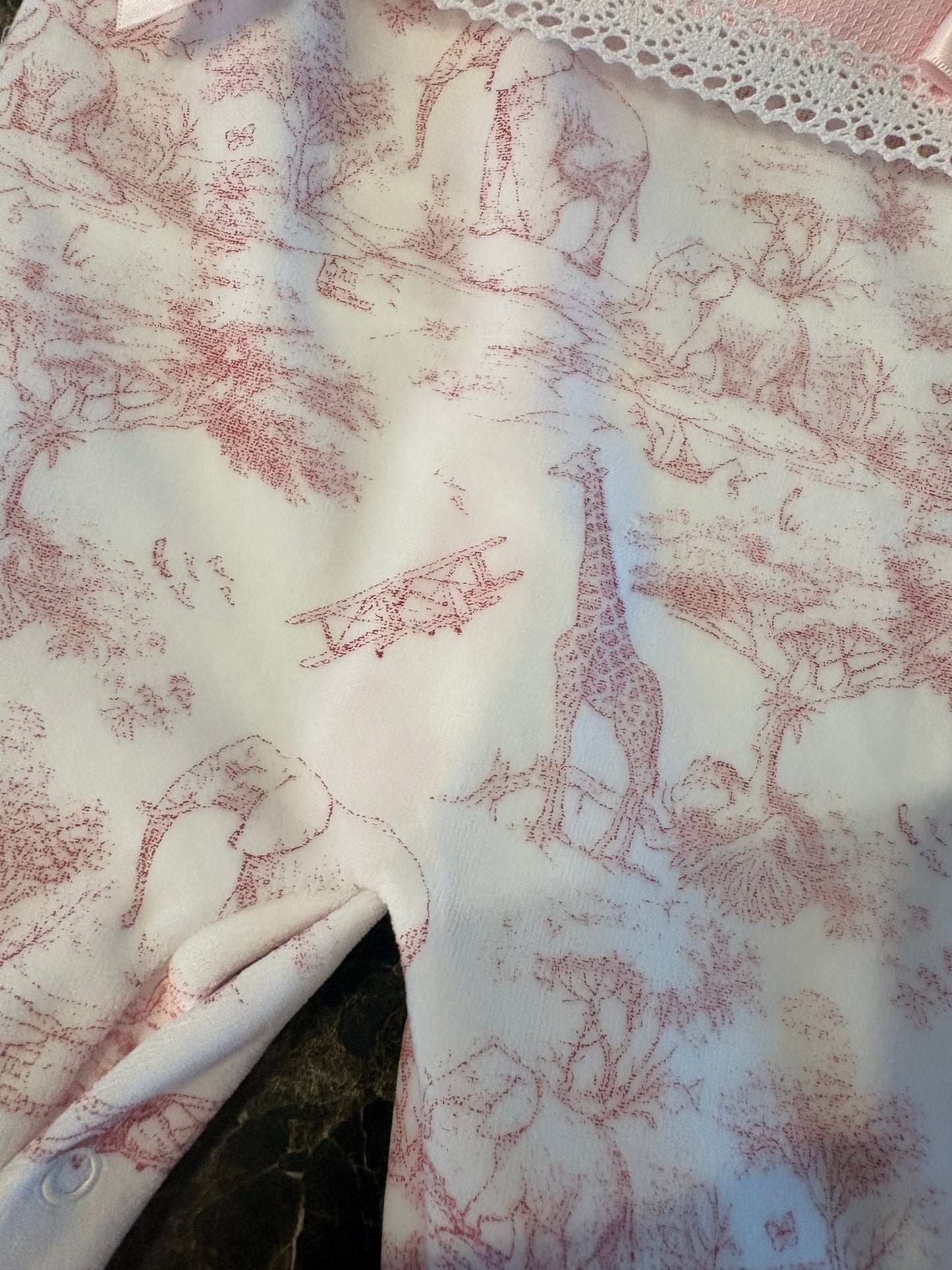 Luxury Velour Baby Grow – Pink Toile Print | 1–12 Months
