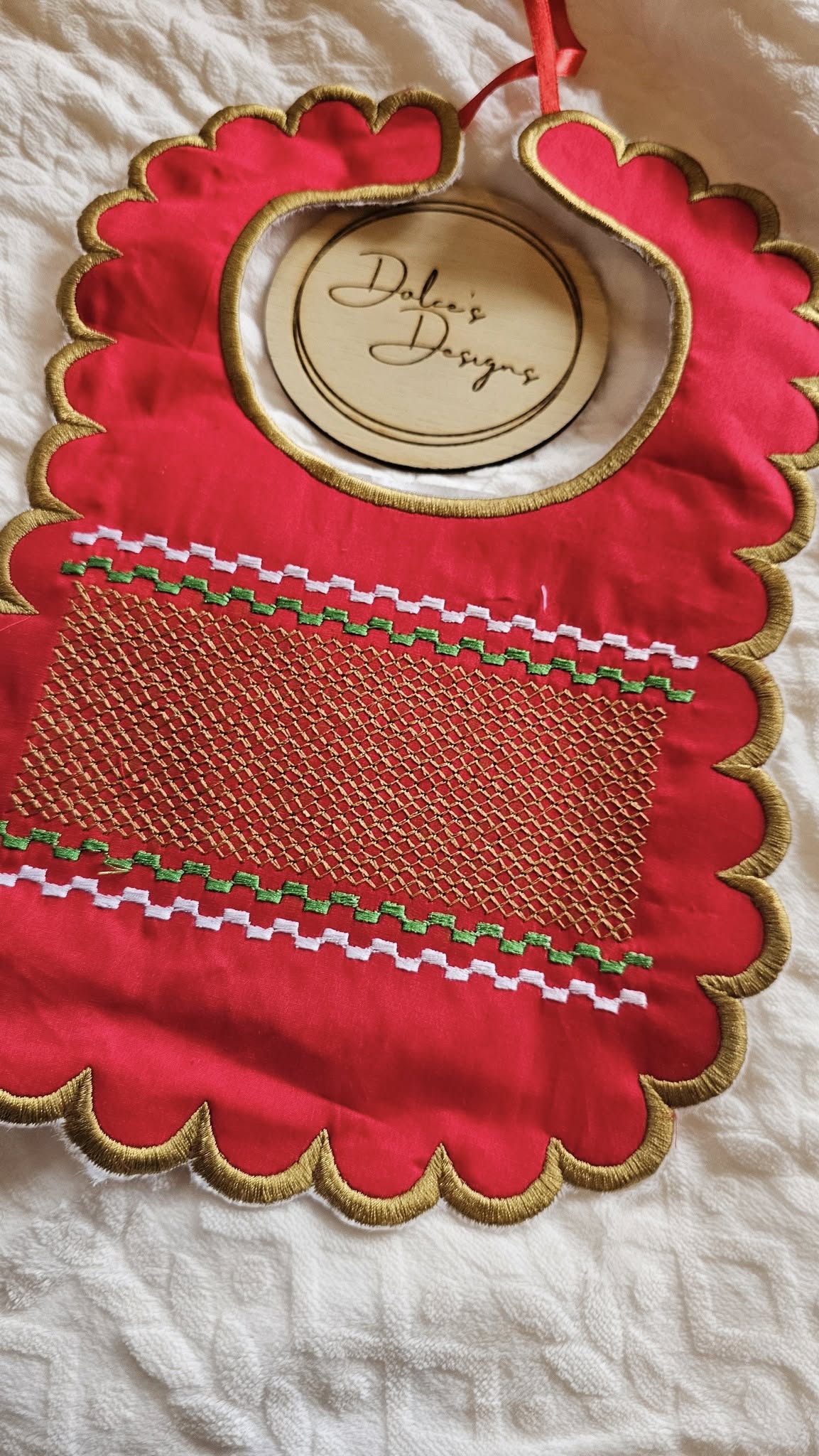 Christmas Red & Gold Smocked Bib