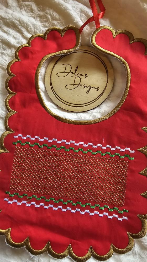 Christmas Red & Gold Smocked Bib
