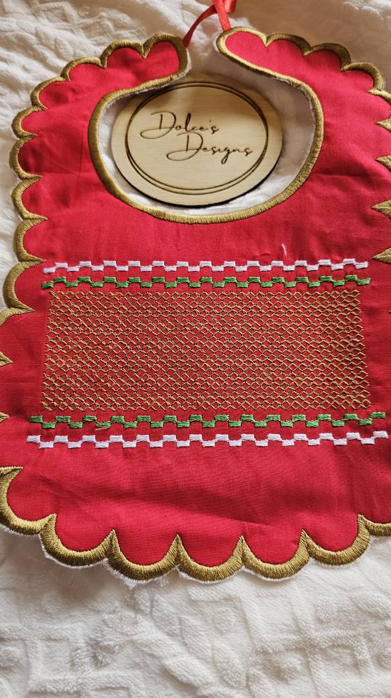 Christmas Red & Gold Smocked Bib