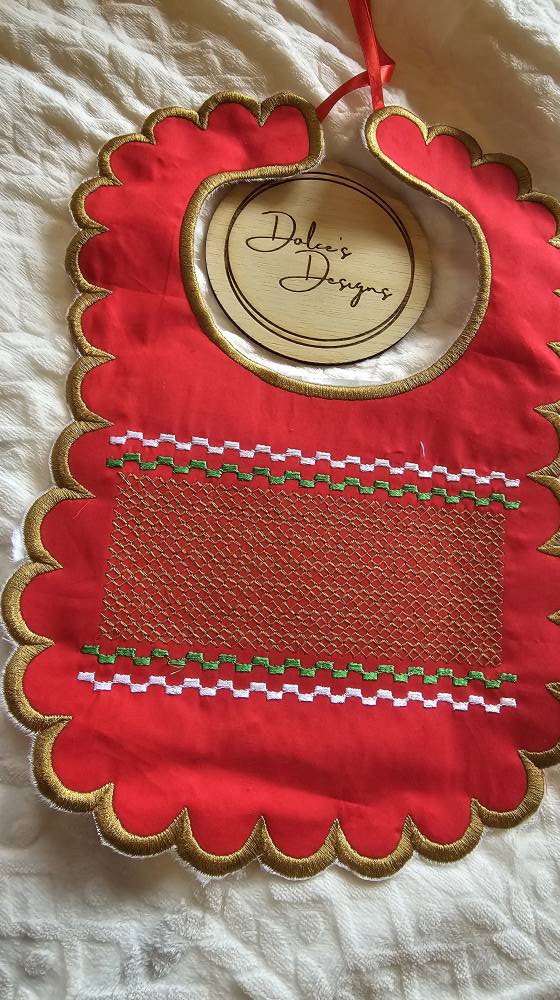Christmas Red & Gold Smocked Bib