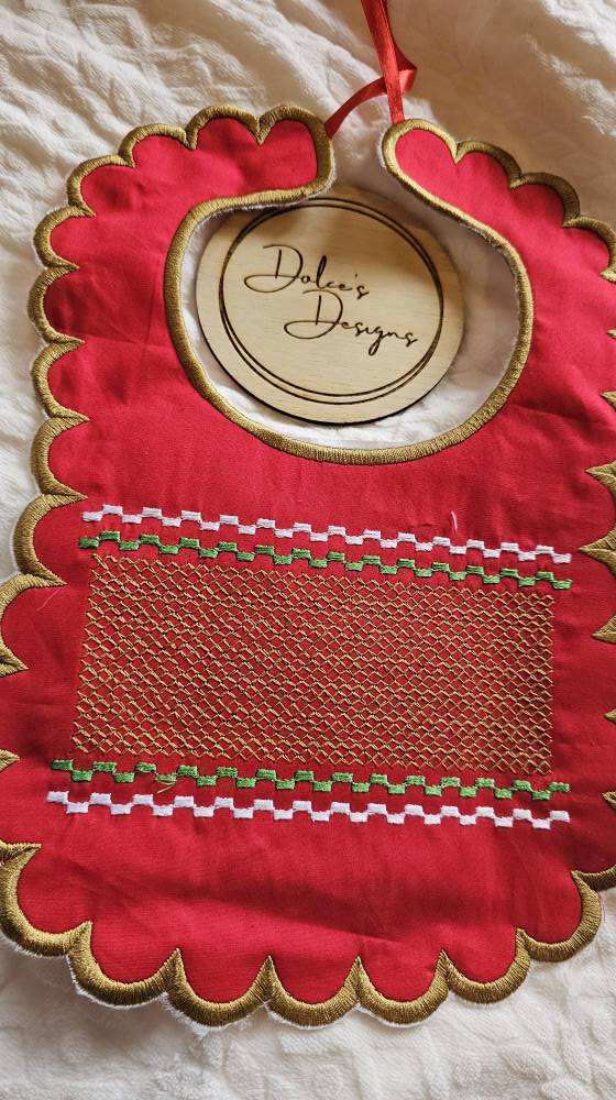 Christmas Red & Gold Smocked Bib