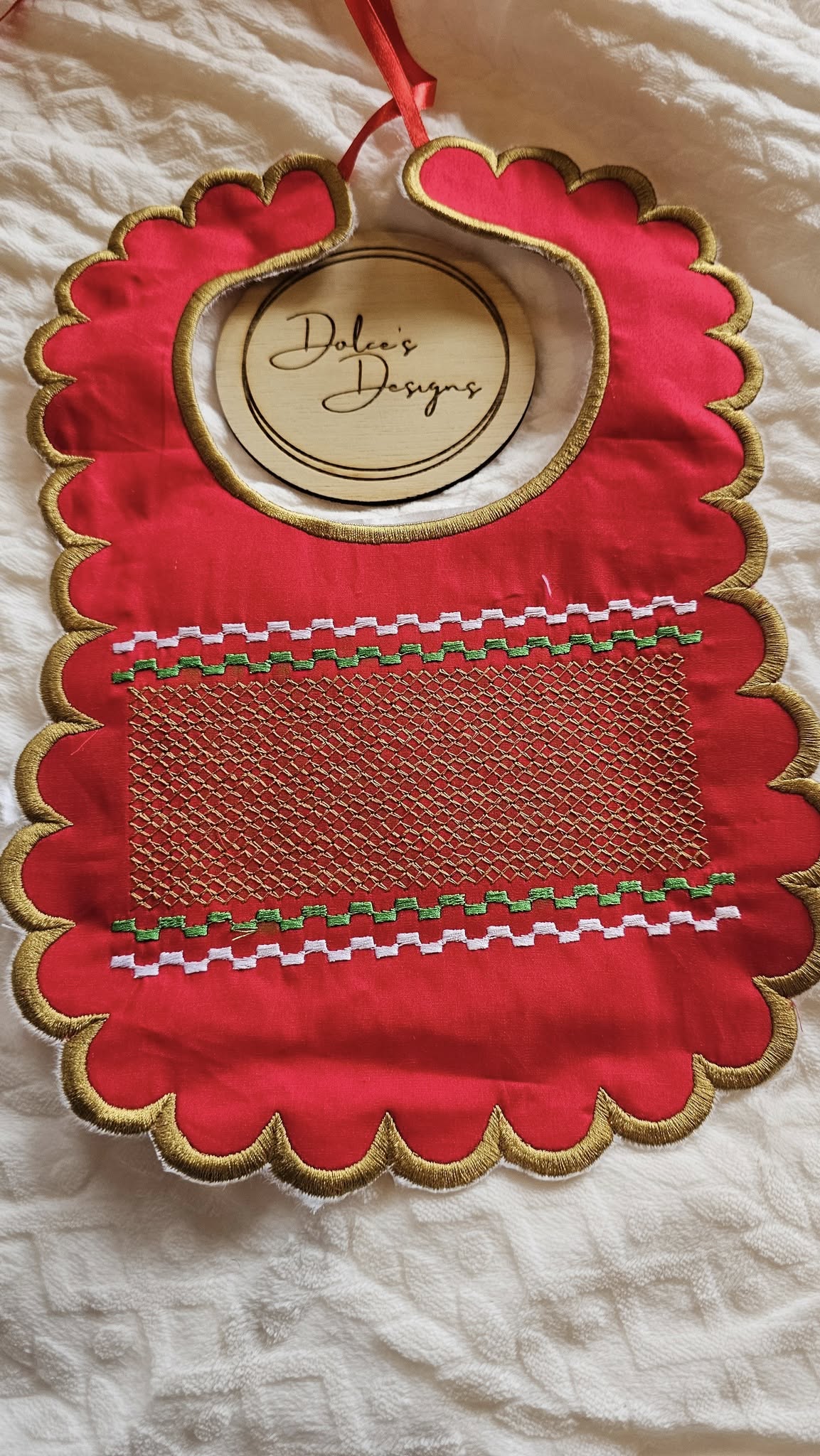 Christmas Red & Gold Smocked Bib