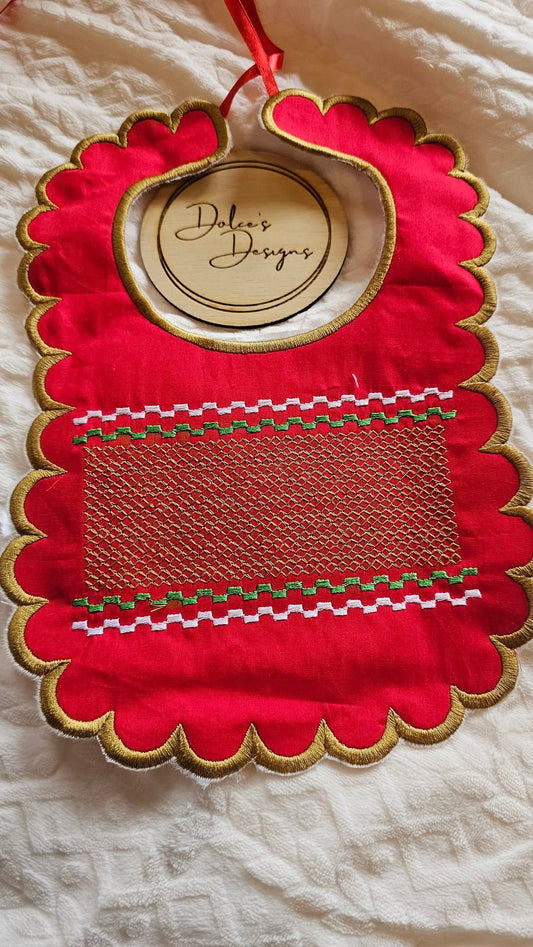 Christmas Red & Gold Smocked Bib