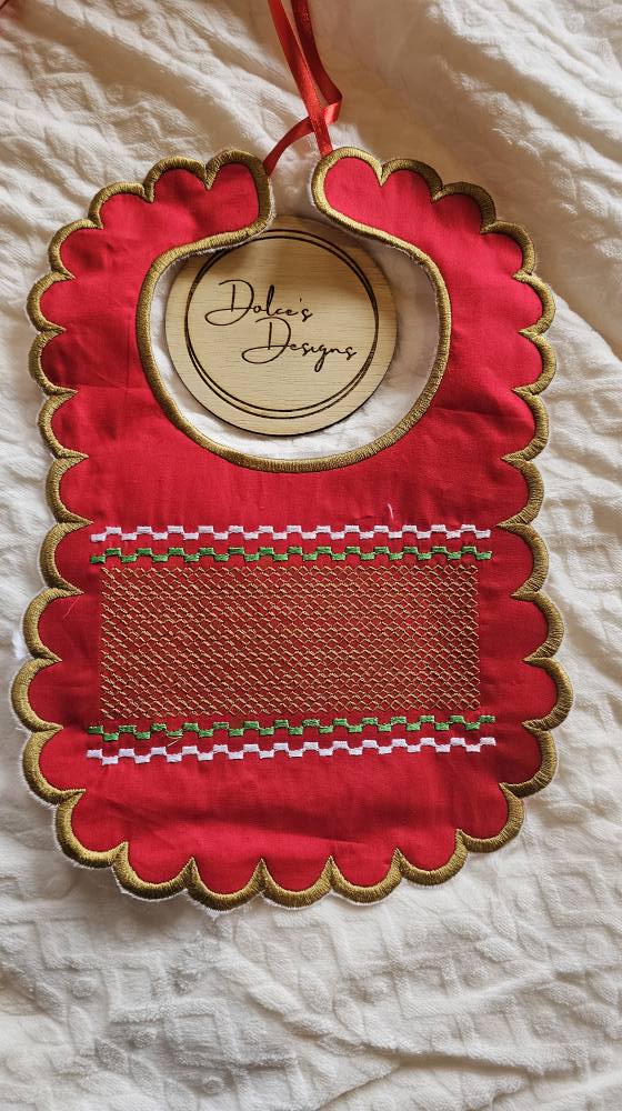 Christmas Red & Gold Smocked Bib