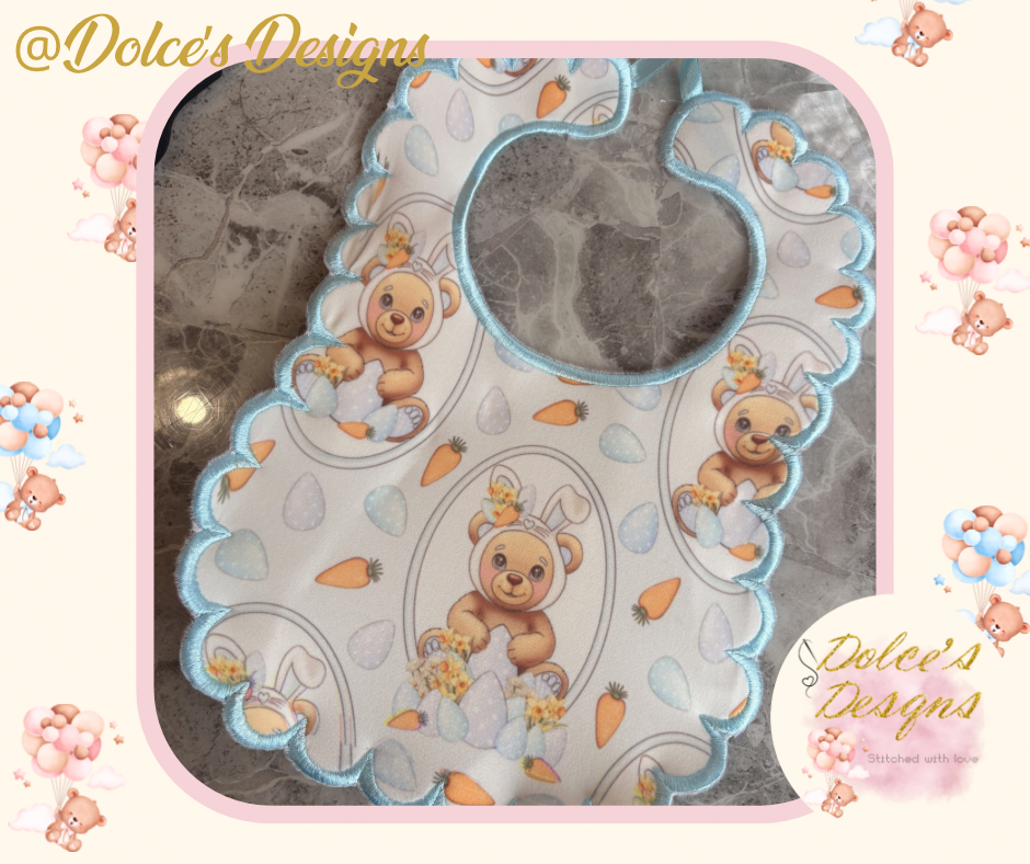 Teddy Easter Scallop Bib – Printed & Handmade In House 🐰🌸
