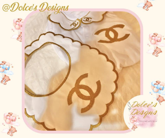 Designer Inspired 2 Piece Baby Set – Embroidered Babygrow & Handmade Bib | Available in Gold, Pink, Yellow, Silver, Blue & Lilac