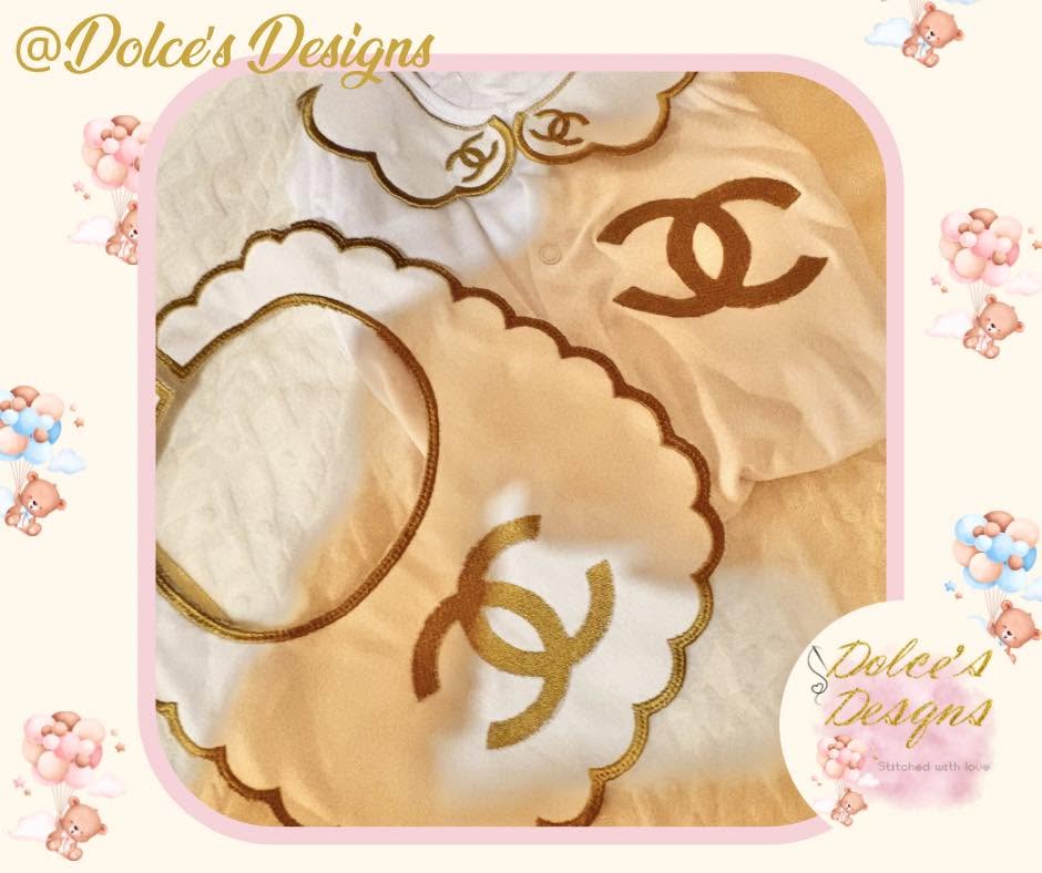 Designer Inspired 2 Piece Baby Set – Embroidered Babygrow & Handmade Bib | Available in Gold, Pink, Yellow, Silver, Blue & Lilac