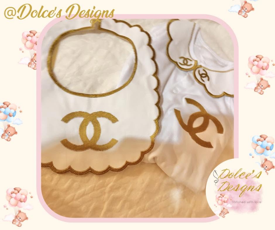Designer Inspired 2 Piece Baby Set – Embroidered Babygrow & Handmade Bib | Available in Gold, Pink, Yellow, Silver, Blue & Lilac