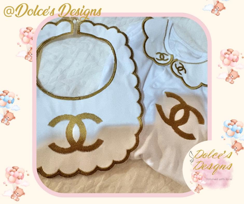 Designer Inspired 2 Piece Baby Set – Embroidered Babygrow & Handmade Bib | Available in Gold, Pink, Yellow, Silver, Blue & Lilac