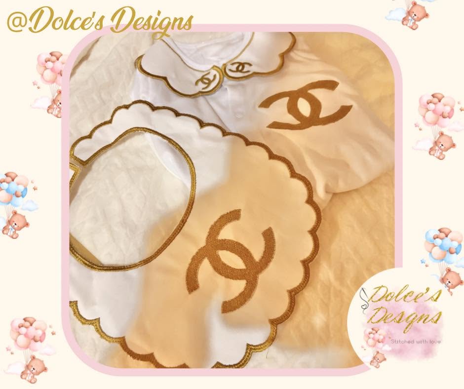 Designer Inspired 2 Piece Baby Set – Embroidered Babygrow & Handmade Bib | Available in Gold, Pink, Yellow, Silver, Blue & Lilac
