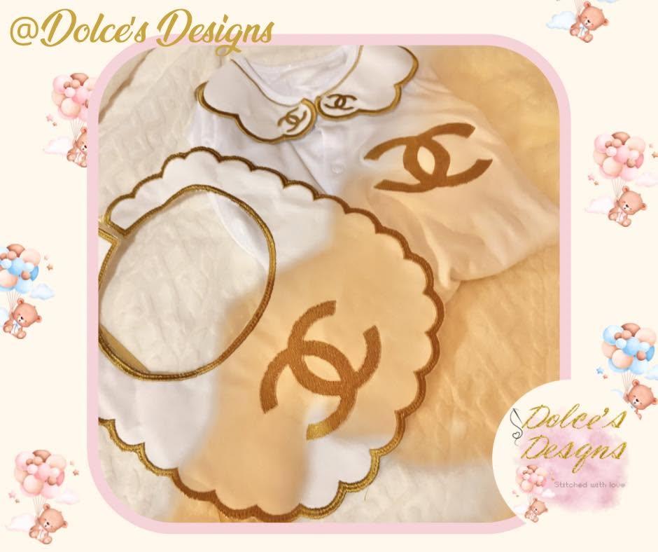 Designer Inspired 2 Piece Baby Set – Embroidered Babygrow & Handmade Bib | Available in Gold, Pink, Yellow, Silver, Blue & Lilac