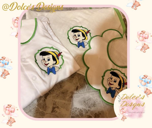 Pinocchio Personalised 3 Piece Baby Set – Embroidered Babygrow, Handmade Bib & Muslin | Newborn to 12-18 Months