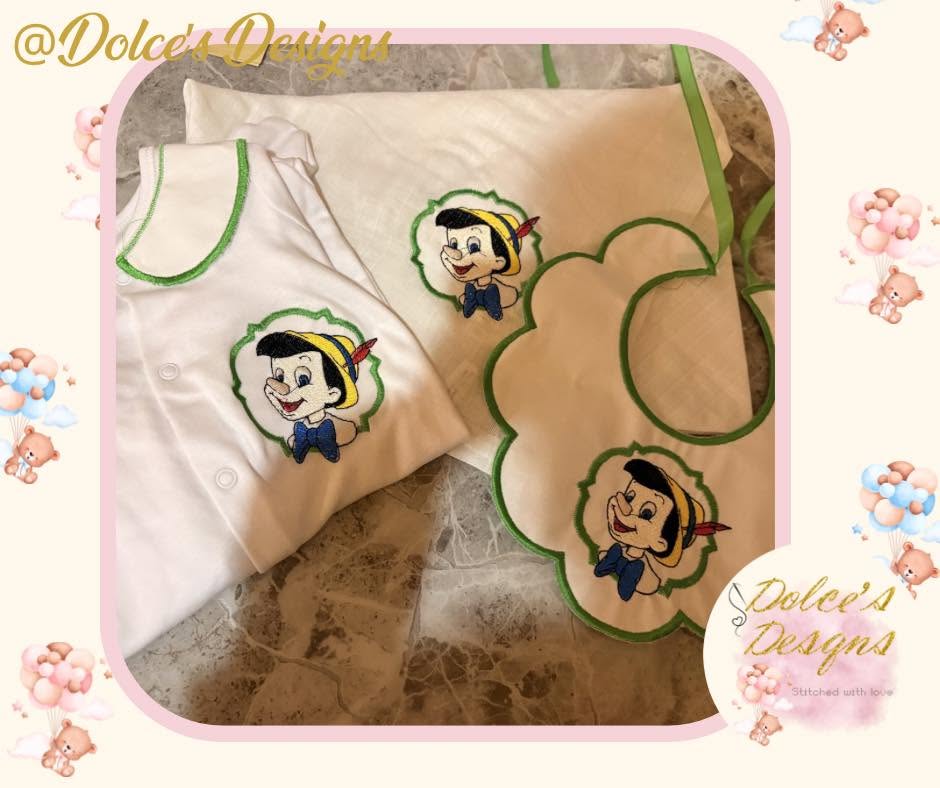 Pinocchio Personalised 3 Piece Baby Set – Embroidered Babygrow, Handmade Bib & Muslin | Newborn to 12-18 Months