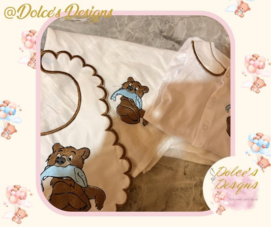 Brother Bear Personalised 3 Piece Baby Set – Embroidered Babygrow, Handmade Bib & Muslin | Newborn to 12-18 Months