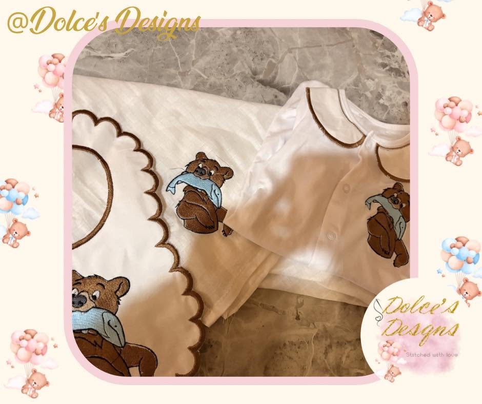 Brother Bear Personalised 3 Piece Baby Set – Embroidered Babygrow, Handmade Bib & Muslin | Newborn to 12-18 Months