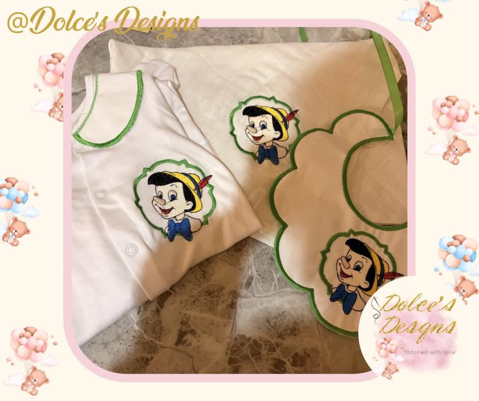 Pinocchio Personalised 3 Piece Baby Set – Embroidered Babygrow, Handmade Bib & Muslin | Newborn to 12-18 Months
