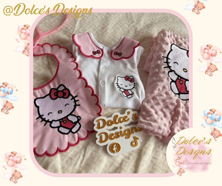 Hello Kitty Baby Gift Set – Personalised Babygrow, Handmade Bib & Matching Blanket | Available Individually or as a Set