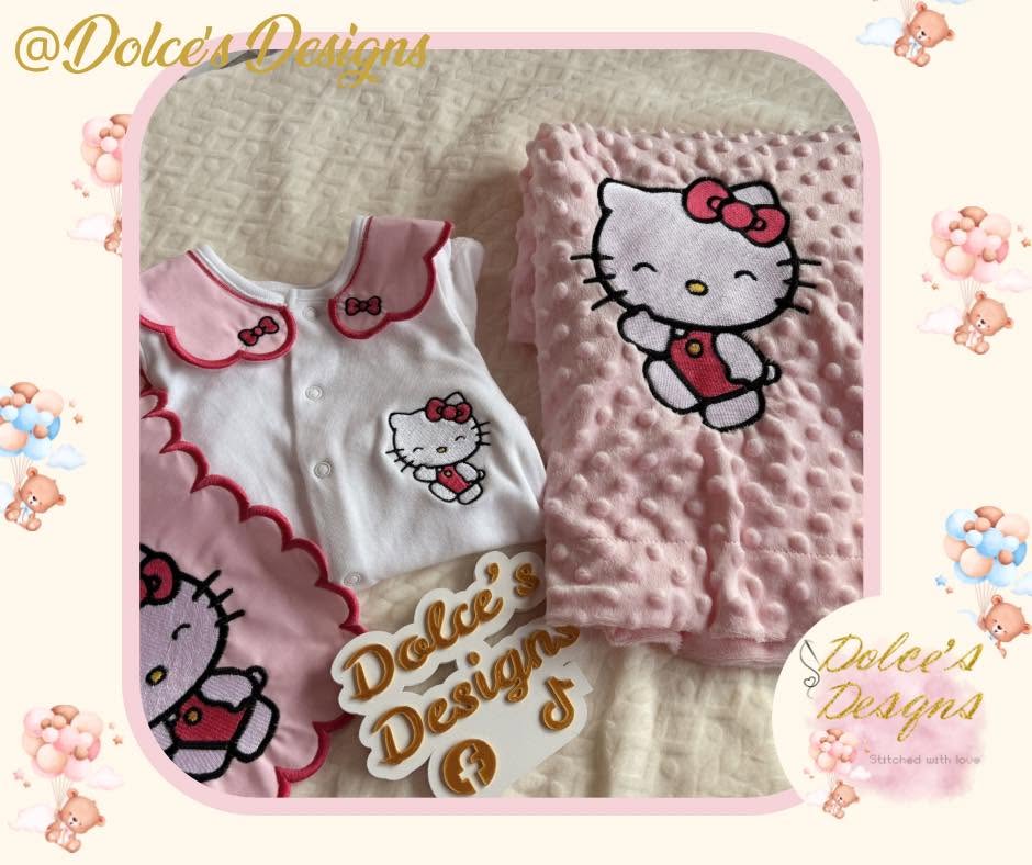 Hello Kitty Baby Gift Set – Personalised Babygrow, Handmade Bib & Matching Blanket | Available Individually or as a Set