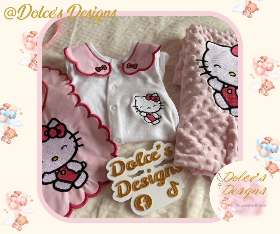 Hello Kitty Baby Gift Set – Personalised Babygrow, Handmade Bib & Matching Blanket | Available Individually or as a Set