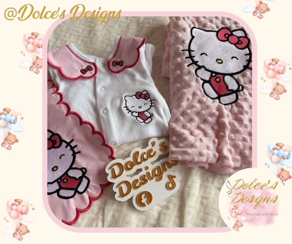 Hello Kitty Baby Gift Set – Personalised Babygrow, Handmade Bib & Matching Blanket | Available Individually or as a Set
