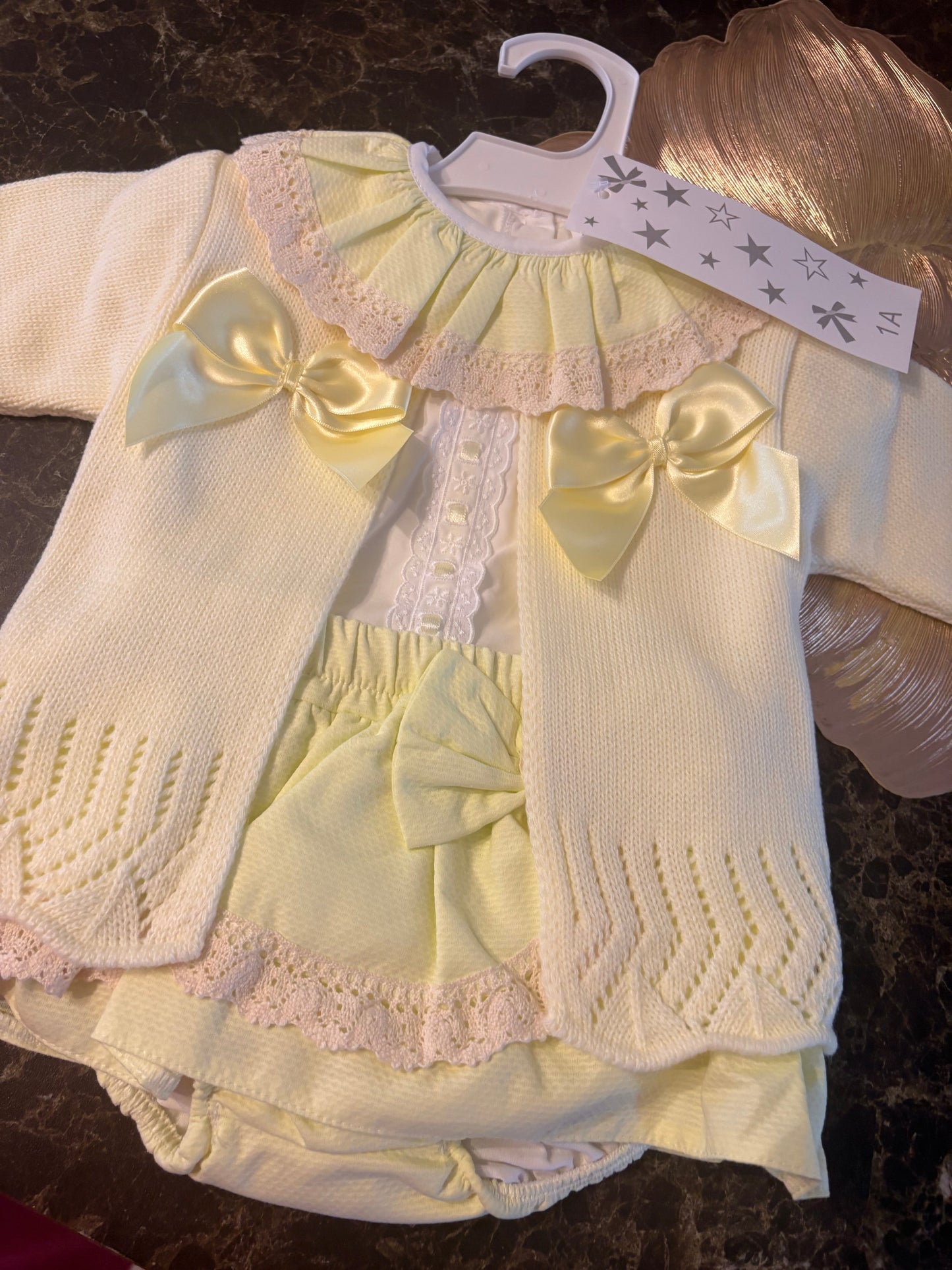 Spanish Boutique 3-Piece Baby Set – Lemon Lace Top, Bloomers & Cardigan
