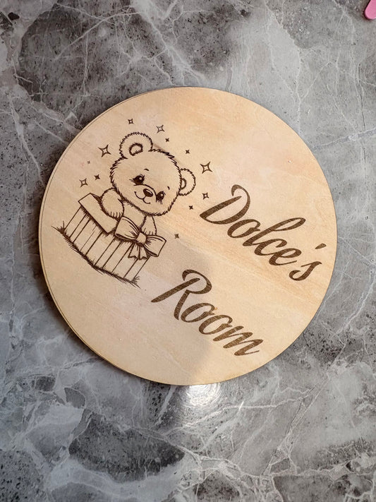 Personalised Wooden Bedroom Door Sign – Custom Name Plaque with Teddy Design | Nursery & Children's Room Decor