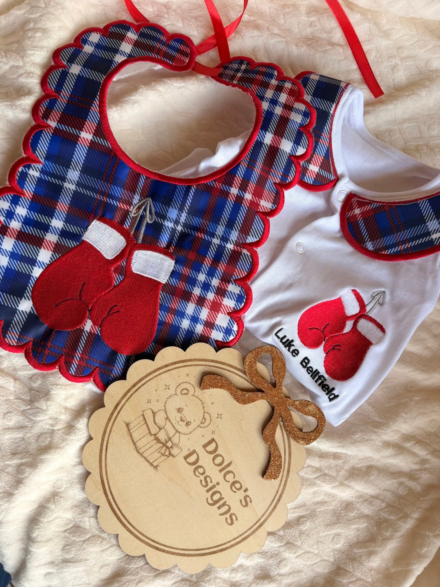 Personalised Boxing Gloves Baby Set – Embroidered Babygrow & Handmade Bib | Newborn to 12-18 Months