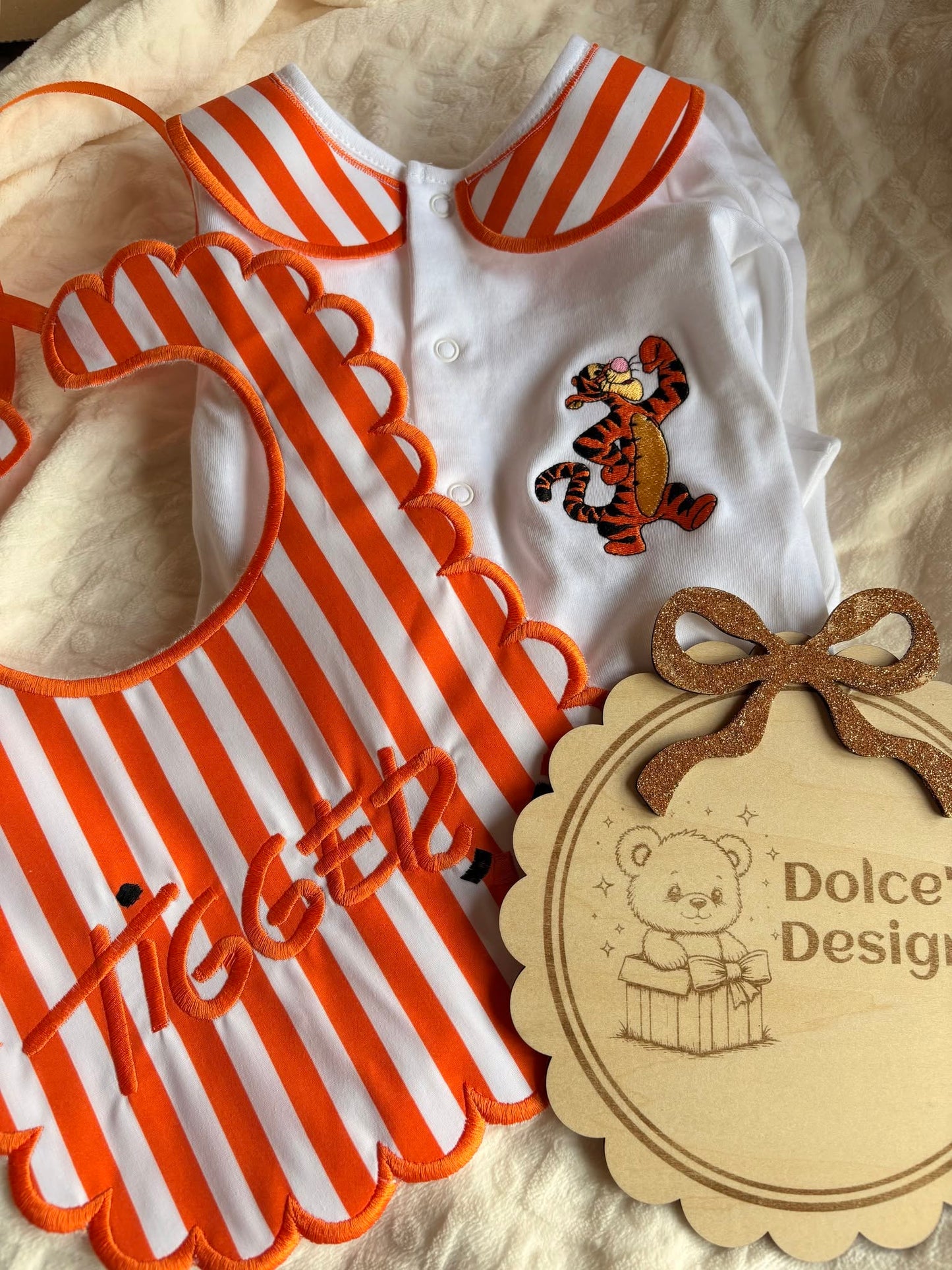 Tigger Personalised 2 Piece Baby Set – Embroidered Babygrow & Handmade Bib | Newborn to 12-18 Months