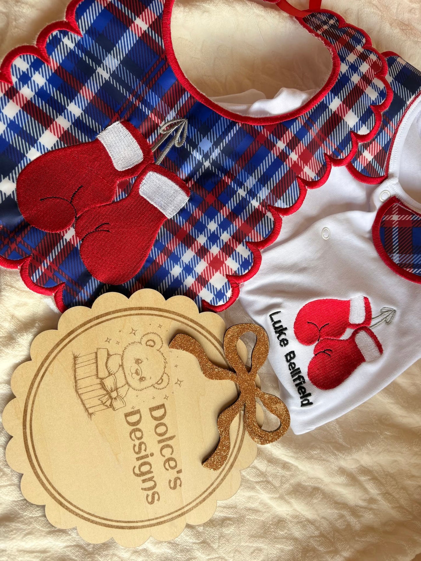 Personalised Boxing Gloves Baby Set – Embroidered Babygrow & Handmade Bib | Newborn to 12-18 Months