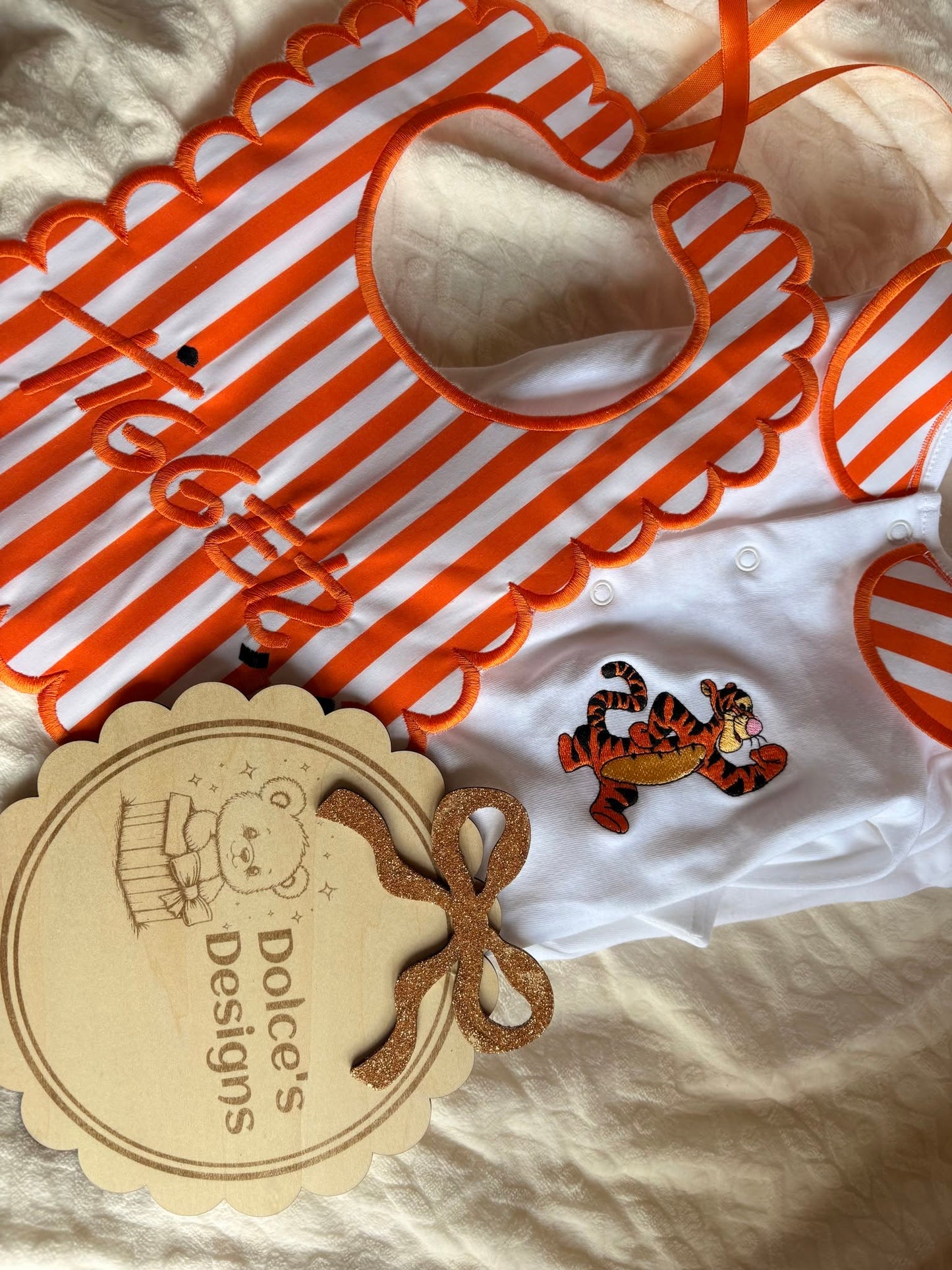 Tigger Personalised 2 Piece Baby Set – Embroidered Babygrow & Handmade Bib | Newborn to 12-18 Months