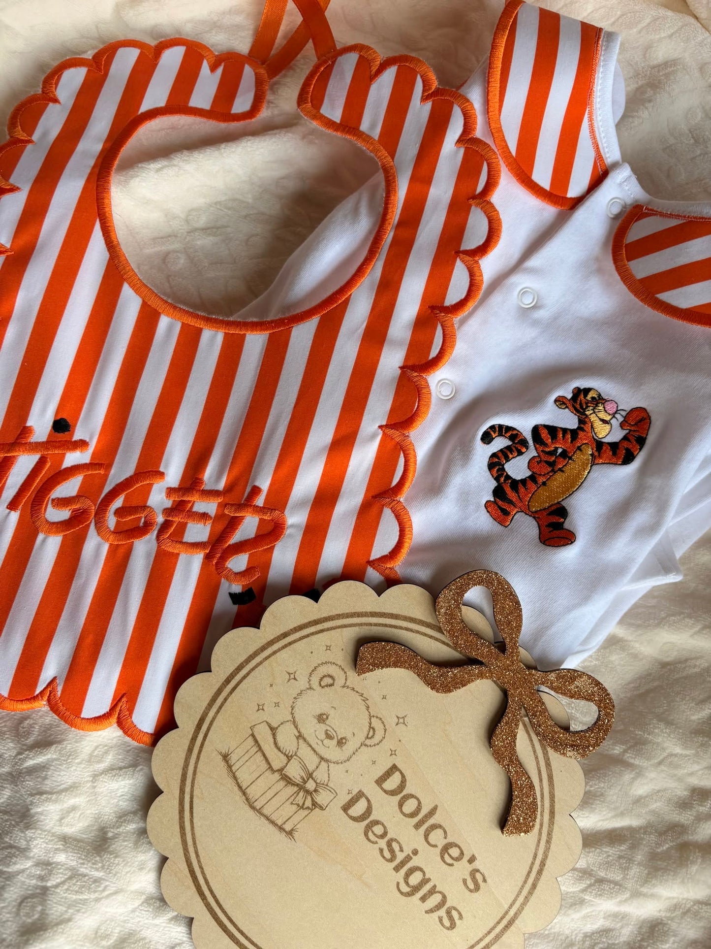 Tigger Personalised 2 Piece Baby Set – Embroidered Babygrow & Handmade Bib | Newborn to 12-18 Months