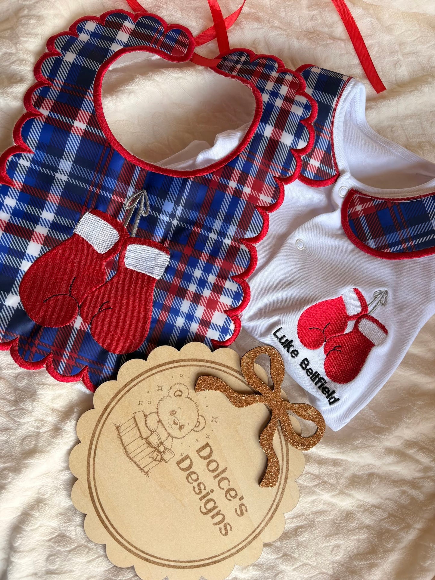 Personalised Boxing Gloves Baby Set – Embroidered Babygrow & Handmade Bib | Newborn to 12-18 Months