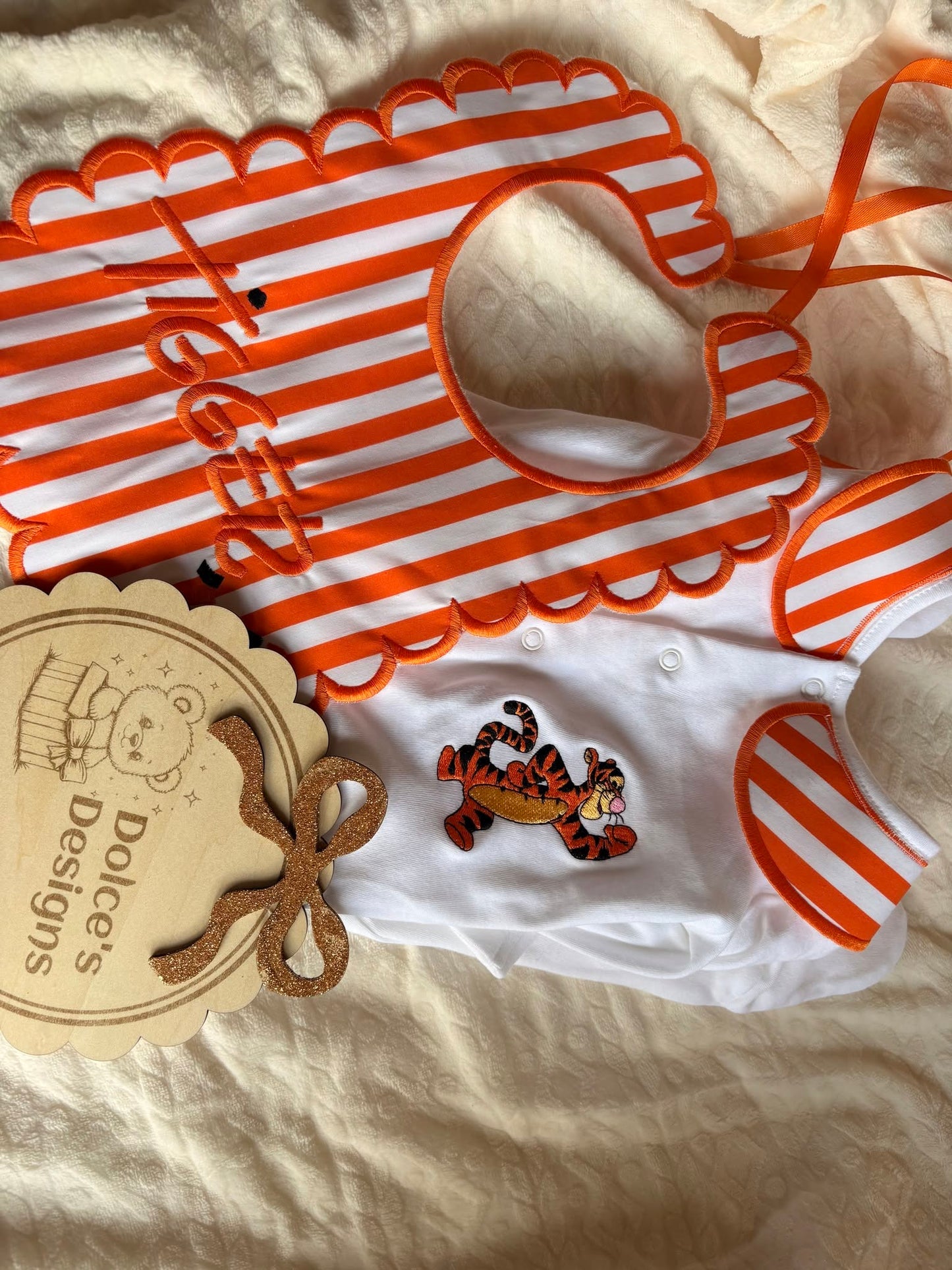 Tigger Personalised 2 Piece Baby Set – Embroidered Babygrow & Handmade Bib | Newborn to 12-18 Months