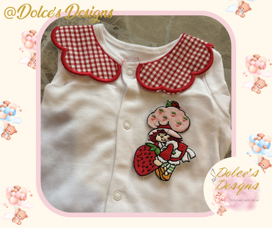 Strawberry Shortcake 2 Piece Baby Set – Gingham Scallop Bib & Embroidered Babygrow