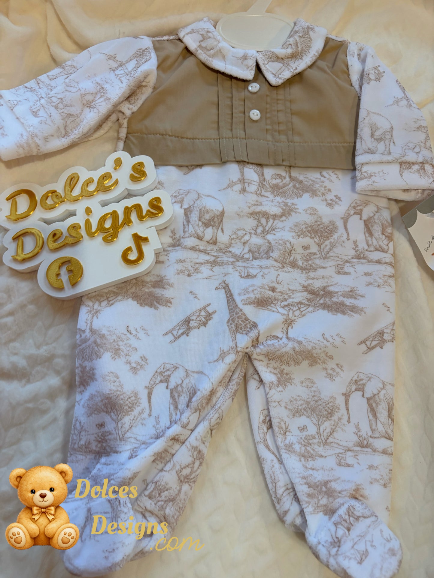 🤎 Beige Safari Toile Babygrow with Panel Detail