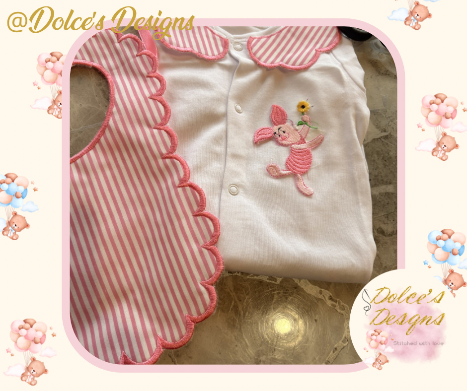 Piglet 2 Piece Baby Set – Scallop Bib & Embroidered Babygrow 🌸
