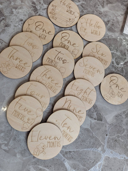Pooh Bear Baby Milestone Discs | Wooden Monthly Baby Photo Props