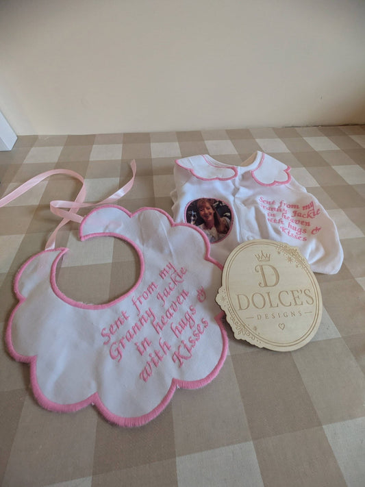 Sent From Heaven Personalised Baby Grow & Bib Set | Memorial Baby Outfit | Photo Baby Grow | Personalised Baby Gift