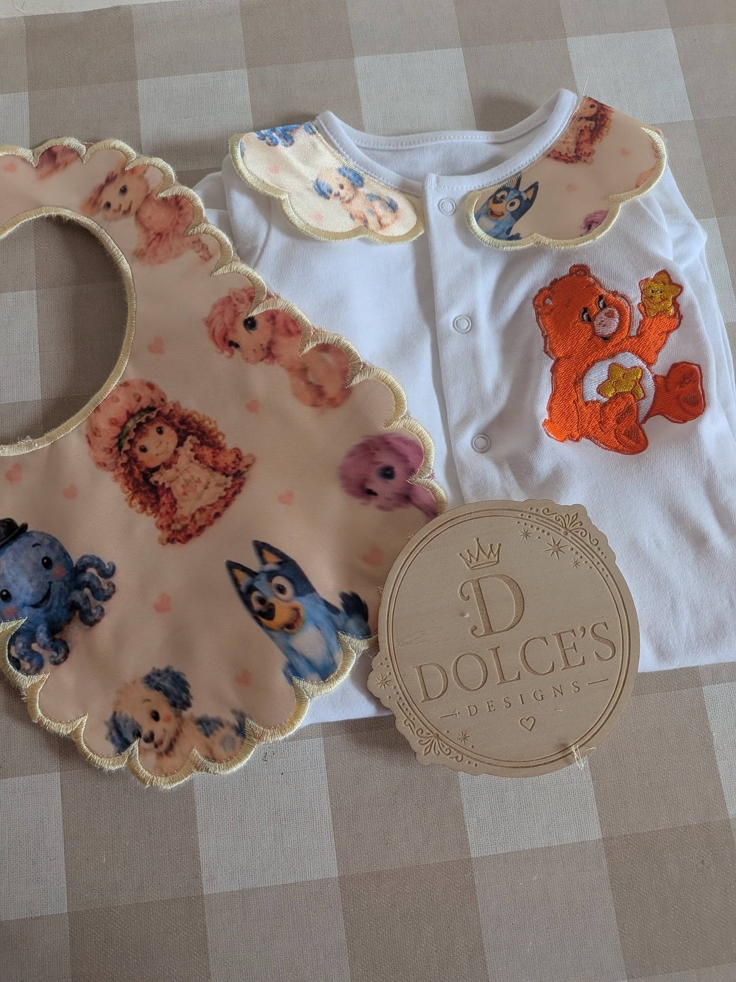 Retro Cartoon Friends Personalised Baby Grow & Bib Set | Nostalgic Character Baby Outfit | Handmade Baby Gift